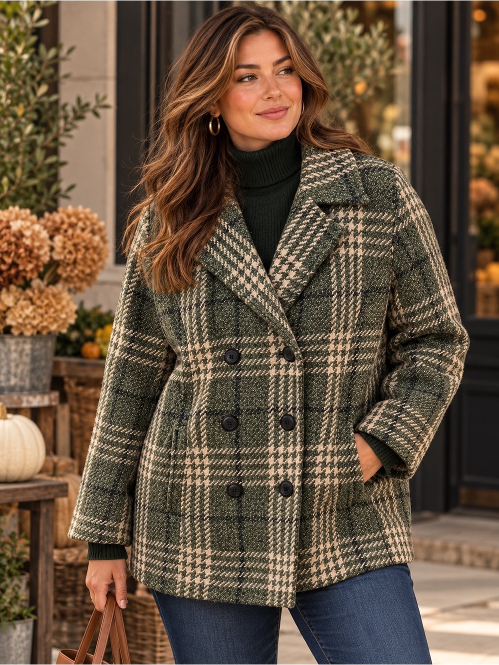 Vintage Northern Reflections Plaid Wool Blend Pea Coat Size Large